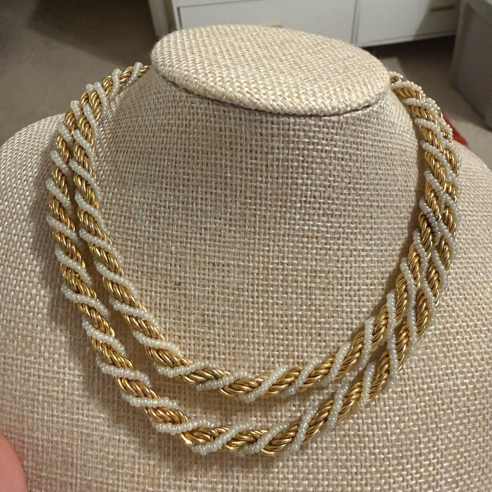 Trifari Signed Gold and White Braided Rope Beaded Necklace Stamped Vintage